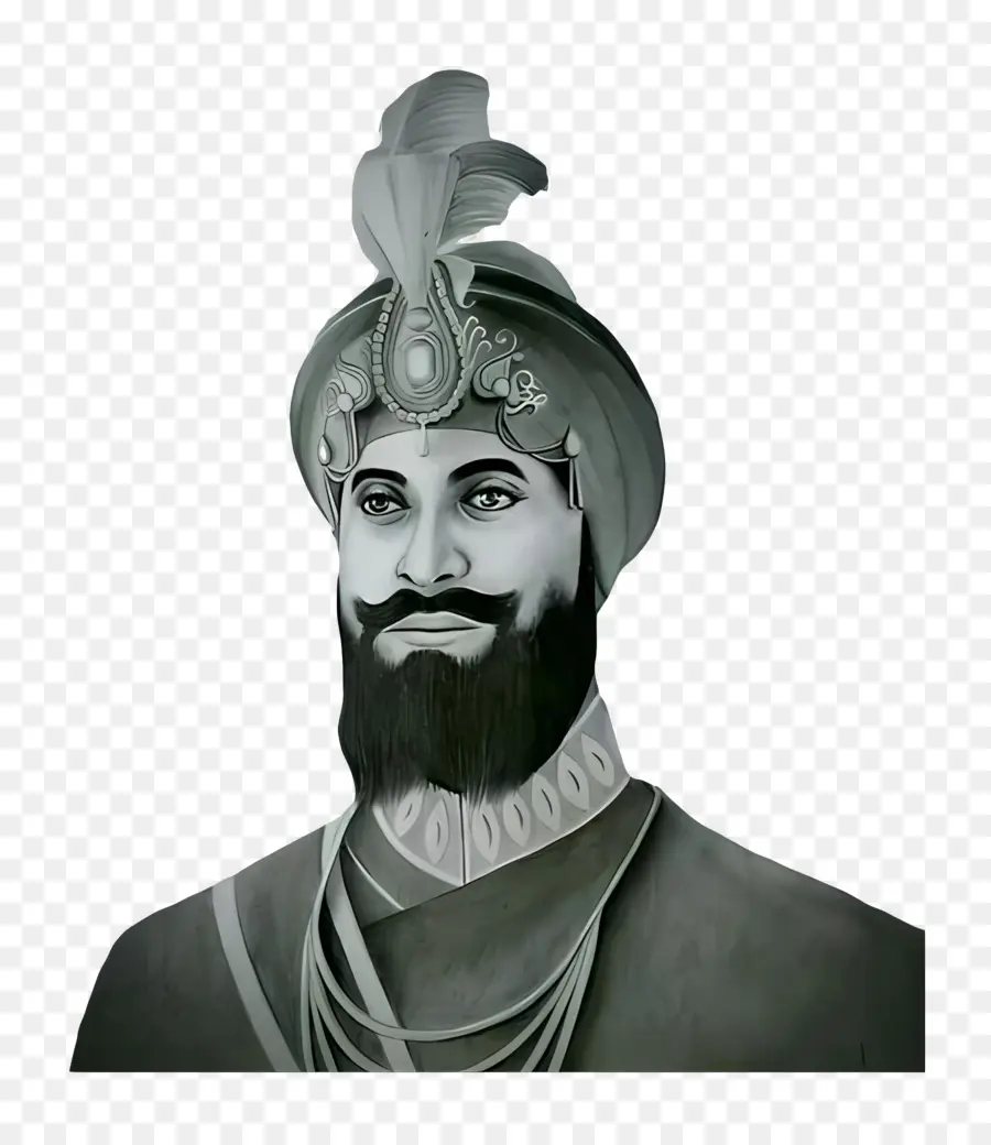 Guru Gobind Singh，Retrato Monocromático Com Turbante PNG