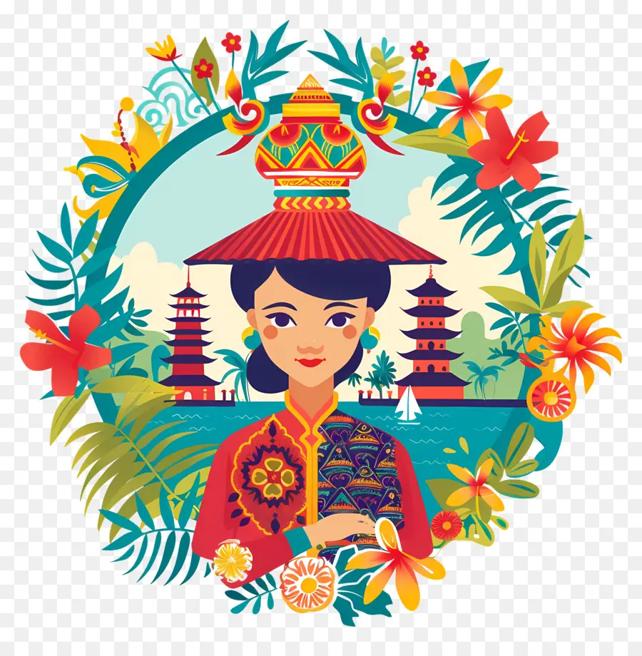 Mulher Indonésia，Ilustração Cultural Colorida PNG