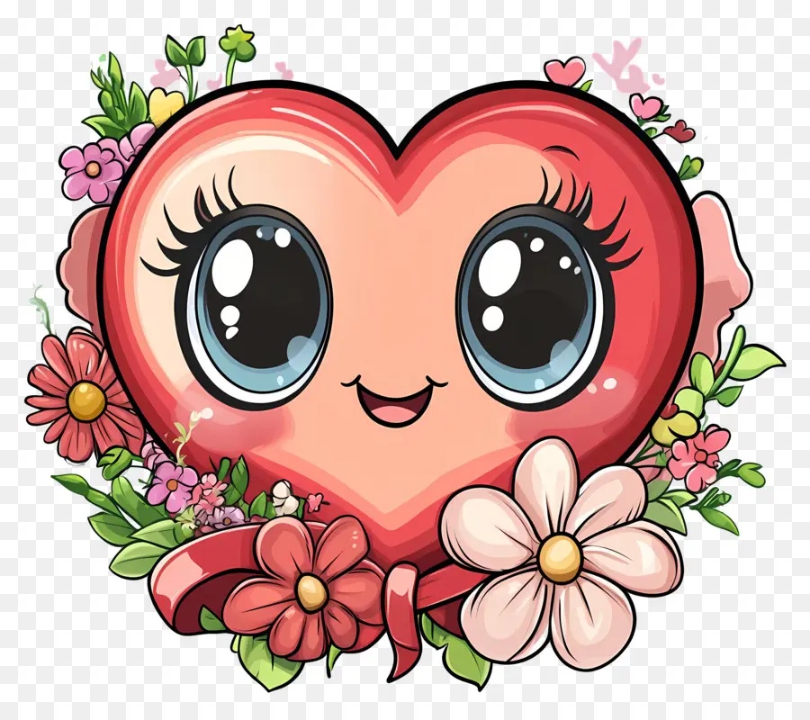 Coração Kawaii，Coração Com Flores PNG