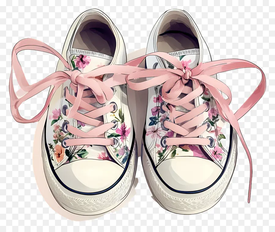 Tênis De Menina，Tênis Floral Com Fita Rosa PNG