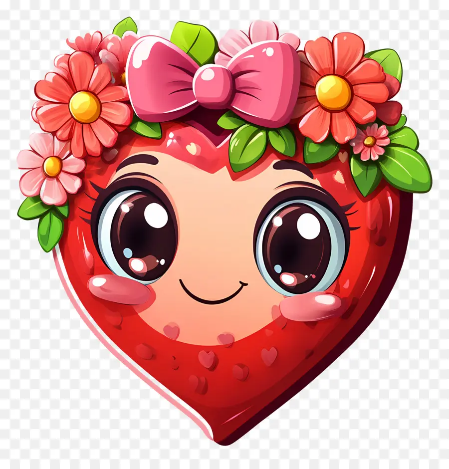 Coração Kawaii，Coração De Morango Com Flores PNG