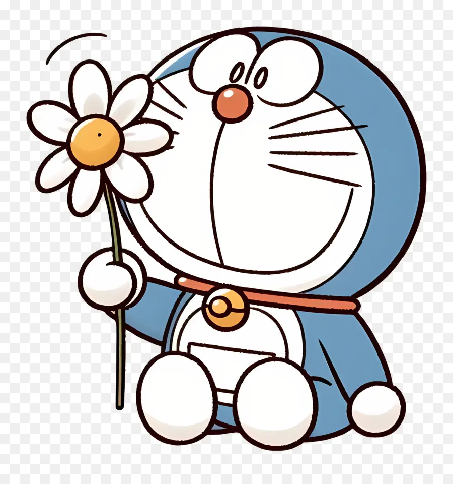 Doraemon，Robô Azul Com Flor PNG