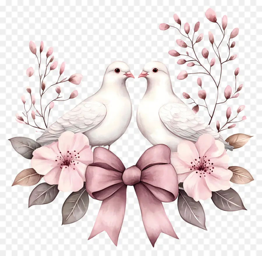 Pássaros Do Amor，Pombas Com Flores PNG