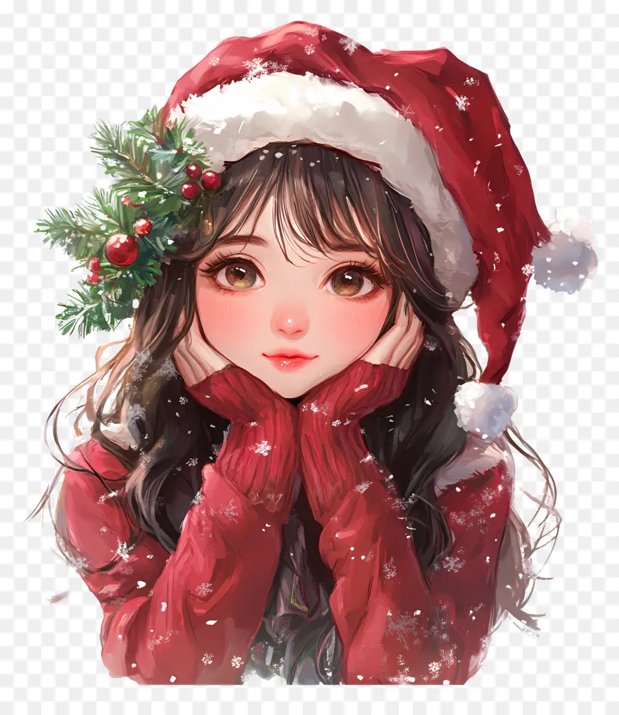 Anime Natal，Garota Com Chapéu De Papai Noel PNG