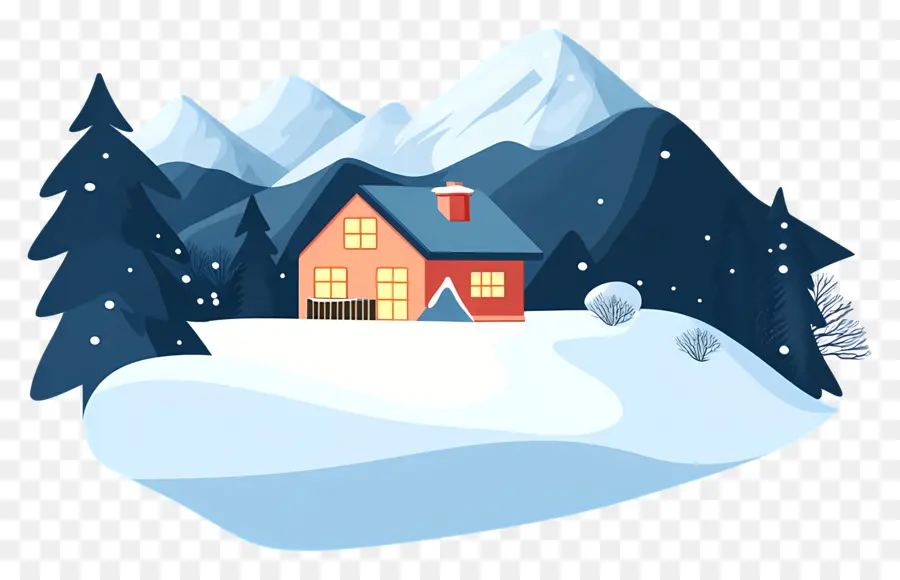 Fundo De Montanhas Nevadas，Casa Pequena E Fofa De Doodle PNG