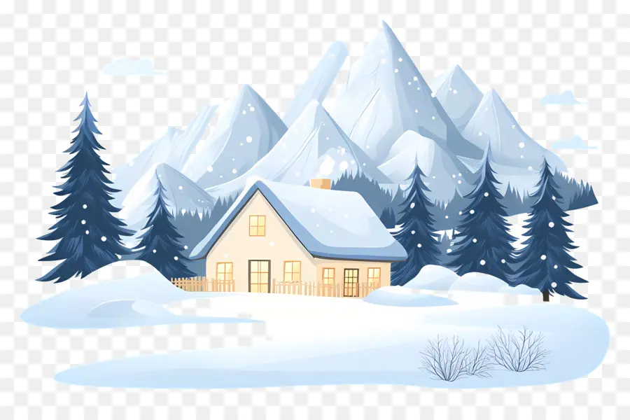 Fundo De Montanhas Nevadas，Casa Pequena E Fofa De Doodle PNG